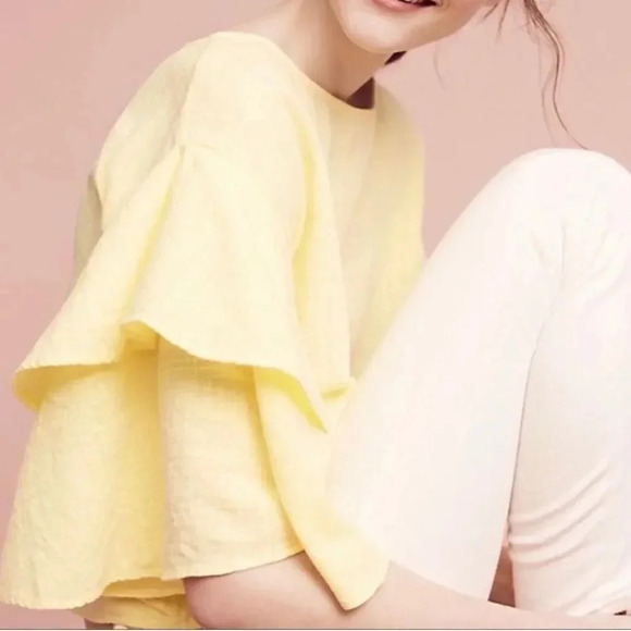 Lilka Anthropologie soft yellow gauzy cotton top, ruffle sleeves Women’s size M - Picture 2 of 11
